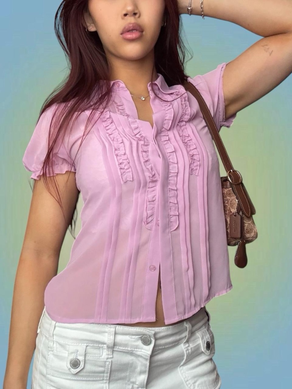 Women’s Ruffle Front Short Sleeve Blouse - Pink